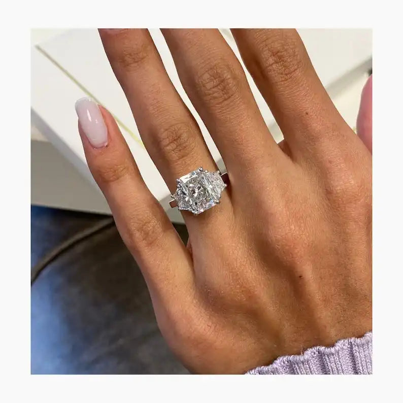 Custom Cvd Diamond Ring 2Ct Radiant Cut 14K White Gold Lab Grown Side Trapezoid Engagement Ring